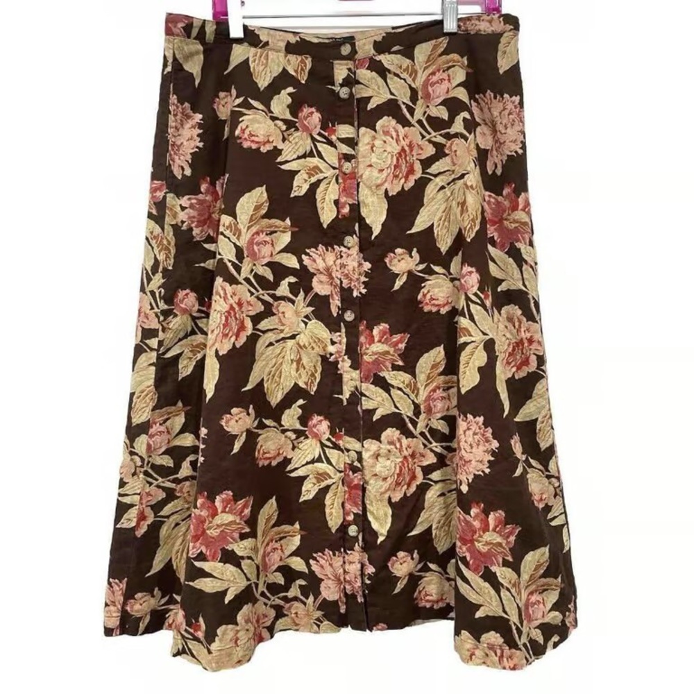 Floral Button-Front A-Line Skirt in Brown and Pink
